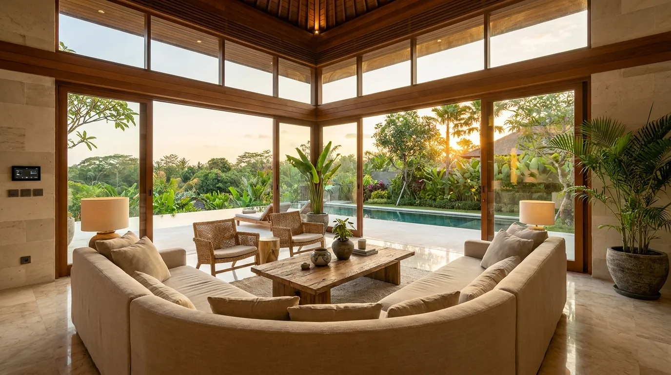 Interior of an Eco-Luxury luxury villa in Bali with enclosed air-conditioned living space and premium materials