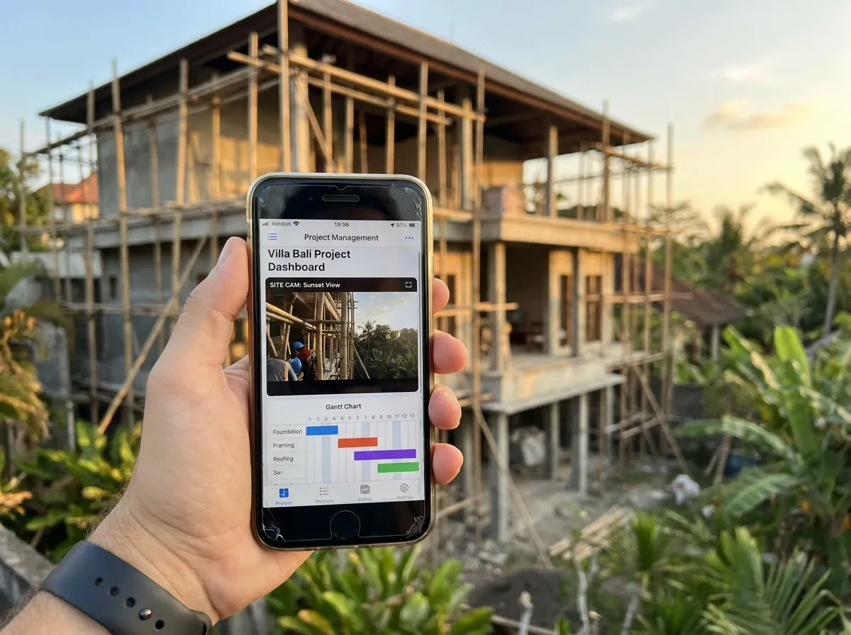 Pemantauan proyek konstruksi vila dari smartphone